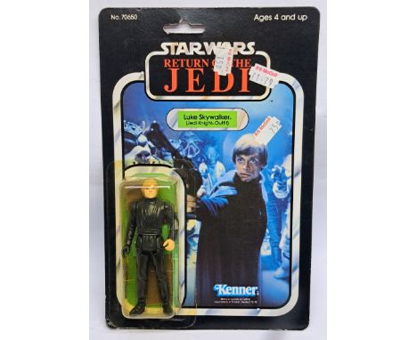 Kenner Star Wars vintage Luke Skywalker (Jedi Knight Outfit) (Green Saber) ROTJ 77A yellow tint bubble on good to good plus c
