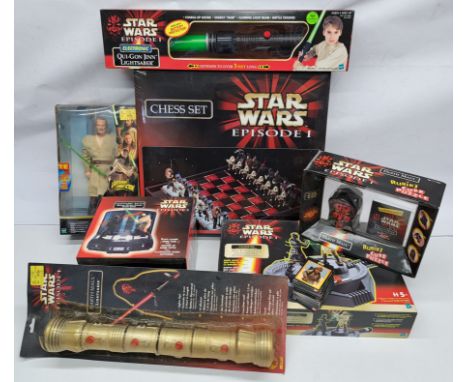 Assortment of Hasbro Star Wars Episode 1 sealed collectibles, inc Qui-Gon Jinn Electronic Lightsaber, Lightsaber battle games
