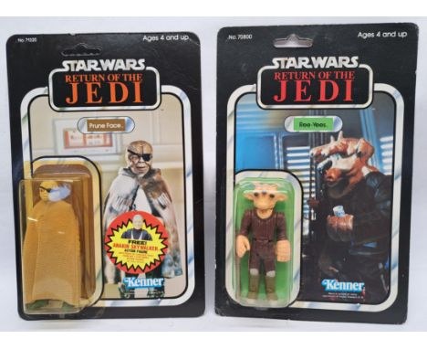 Kenner Star Wars vintage ReeYees ROTJ 77A clear dented bubble on good to good plus cardback with Pruneface ROTJ 77B Yellow Bu