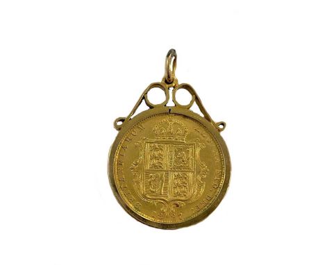 dated 1887 with shield back, in a simple scroll topped pendant mount with suspension ring, Birmingham hallmarks for 9ct gold 