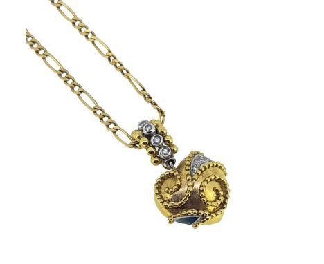 pavé set with fourteen round brilliant cut diamonds, decorated with applied gold beading and blue enamel, detachable bale set