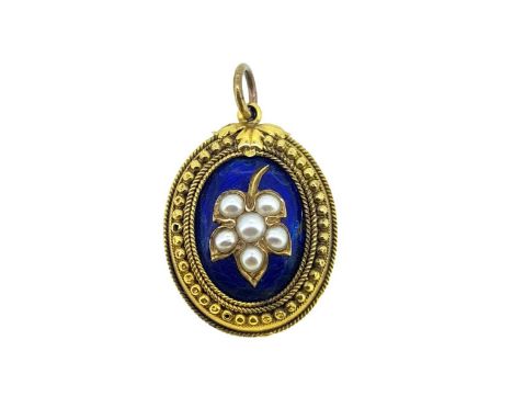 oval shaped with a central blue enamel panel and a split pearl set leaf, bead and rope decoration with a foliate top, verso, 