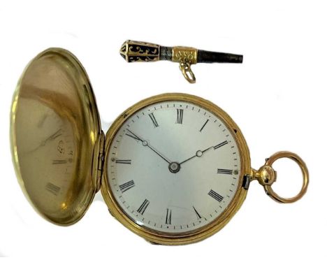 circa 1880, the white dial, 26mm diameter, with black Roman numerals and blued moon hands, jewelled mechanical cylinder movem