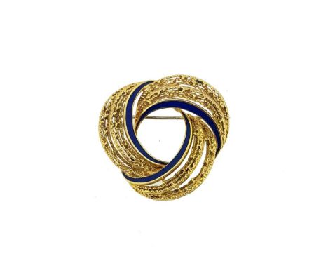 pierced swirl with beaded decoration and three tapered swirls of blue enamel, pin and revolver fitting, unhallmarked, stamped