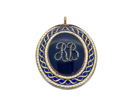 oval shaped, with a central oval blue guilloche enamel panel with an 'RB' monogram set with rose cut diamonds, surrounded by 