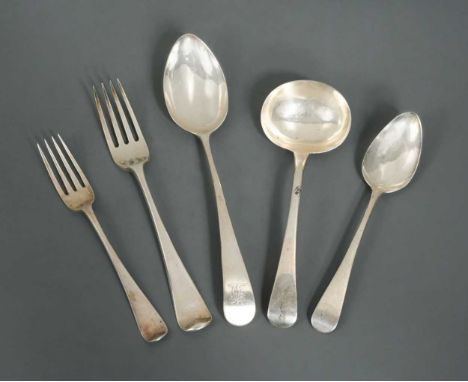 mark of Richard Crossley, London 1791/4, 'Old English' pattern, comprising 10 table forks, 12 dessert forks and 2 dessert spo