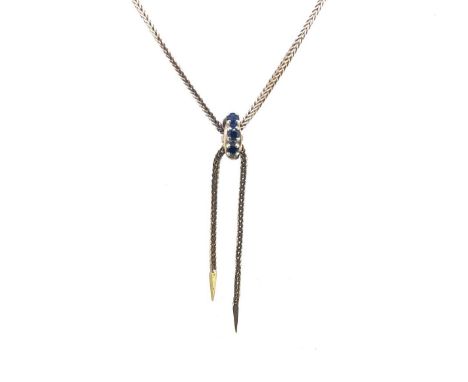 foxtail link chain with a central fixed bar set with three round faceted sapphires, diameter 2.6mm, estimated approximate tot