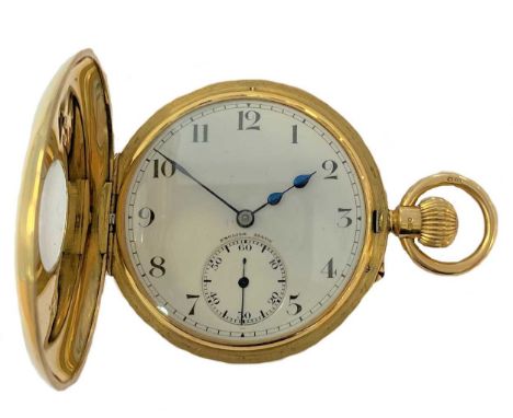 circa 1930, spring-loaded outer cover hinged at 9 o'clock with blue enamel Arabic numerals and inner chemin de fer chapter ri