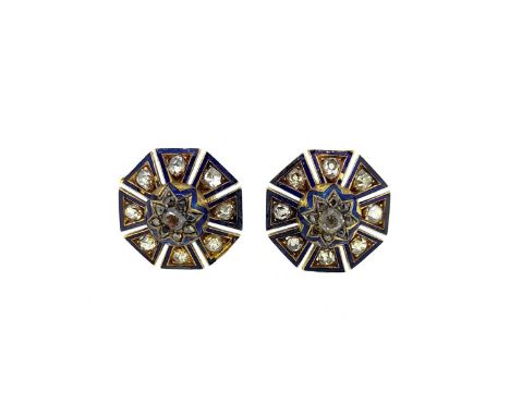 each with a central cluster of old mine and rose cut diamonds, surrounded by eight pierced triangular panels, each set with a
