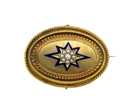 oval in shape with a central applied star set with a cluster of split pearls, surrounded by blue enamel, and beaded decoratio