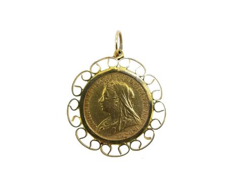 dated 1899, in a simple scroll edged pendant mount with suspension ring, London hallmarks for 9ct gold 1973, 6.1g gross