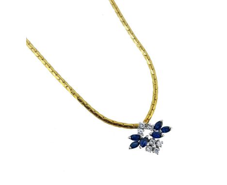 central white metal cluster of six marquise shaped sapphires and seven round brilliant cut diamonds, suspended from a yellow 