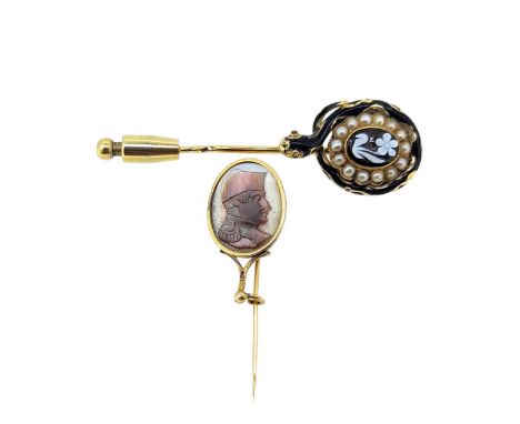 the oval mourning pin designed as a coiled black enamelled serpent with rose cut diamond eyes around a seed pearl and agate f