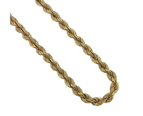 textured and polished rope style links, length 45cm, width 6.9mm, bolt ring clasp, unhallmarked, stamped '750', weight 32.7g