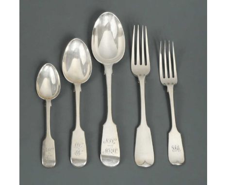 variety of dates, makers and assay office marks, 'Fiddle' pattern, some monogrammed, comprising 12 table forks, 6 tablespoons