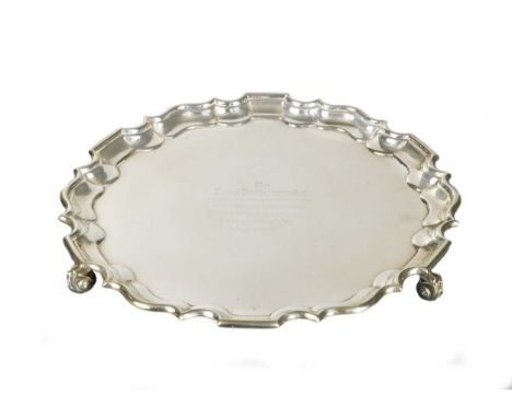 mark of Thomas Bradbury &amp; Sons Ltd, London 1908, 'Chippendale' style, the field with presentation engraving, raised on th