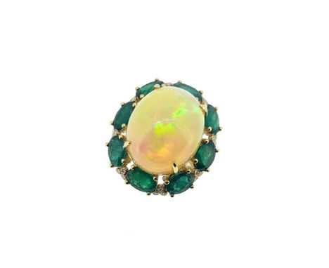 claw set oval shaped cabochon opal, approximately 19.5 x 16mm, known stamped weight 16.50ct, surrounded by a border of eight 