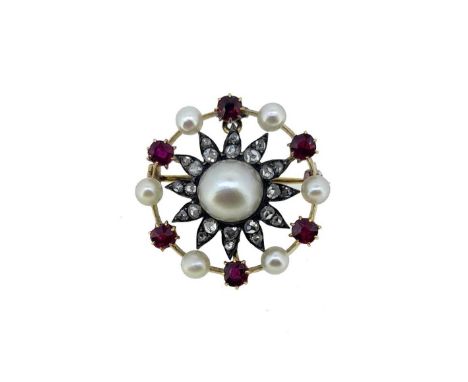 central button shaped pearl (untested), approximate diameter 8.1mm, surrounded by twelve petals, set with graduating rose cut