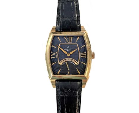circa 2007, model number A3004, the signed tonneau shaped black guilloché dial, 31mm wide, with gold coloured quatre Roman nu
