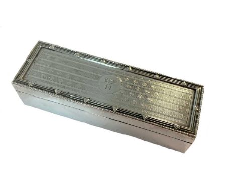 mark of Goldsmiths' and Silversmiths' Co., London 1905, of rectangular form, part marked piano hinged cover with engine turne