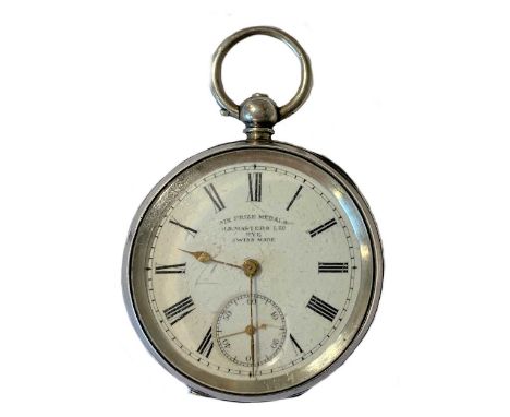 circa 1890, the signed white dial, 43mm diameter, with black Roman numerals, copper coloured spade hands, subsidiary seconds 