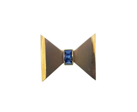 geometric in design, with a central row of three channel set rectangular faceted sapphires, estimated approximate total weigh