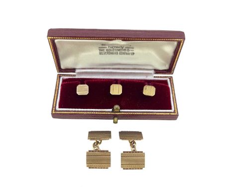 rectangular cufflinks with engine turned decoration, 14 x 11mm, chain connection, hallmarked Birmingham, 9ct gold, together w