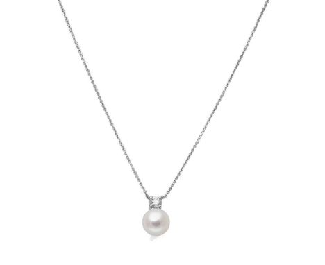 the 8.9mm pearl is surmounted by a claw set round brilliant cut diamond, diameter 3.9mm, estimated approximate weight 0.25ct,