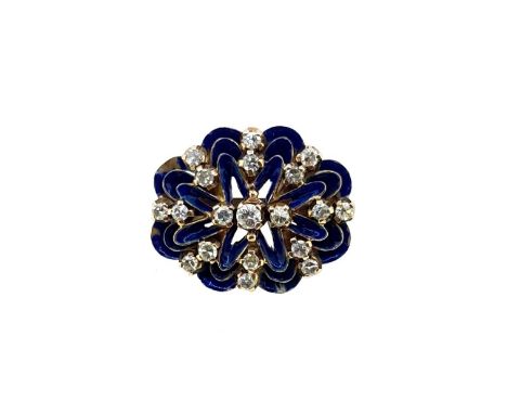 central claw set round brilliant cut diamond, diameter 3mm, flanked by two single cut diamonds, surrounded by graduating peta