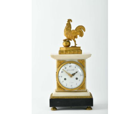A table clock, marble with brass mounts, gilt bronze sculpture en relief "Rooster stepping on a sphere on two books", white e