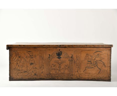 A grooved decoration chest, juniper (or cedar), decoration with grooves filled with putty (gall nut) "Renaissance portico wit