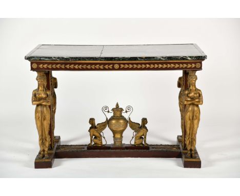 A centre table, Empire manner, mahogany and mahogany veneer, gilt bronze applications en relief, gilt bronze legs "Female fig