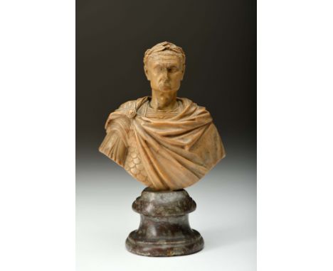 Bust of a Roman Emperor, marble sculpture, different colour marble base, Italian, 18th/19th C., neck gluing, nose faults, oth