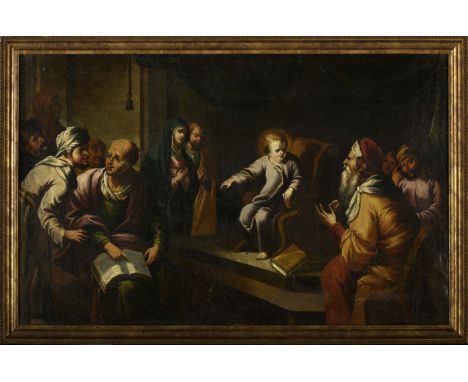 BENTO COELHO DA SILVEIRA - c. 1620-1708, Jesus among Doctors, oil on canvas, relined, restoration, unsigned. Notes: The small