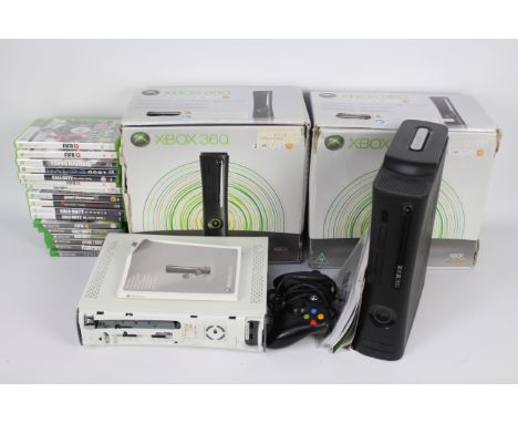 Xbox - 2 x boxed Xbox 360 consoles, the black one comes with controller, cables and instruction manual and appears physically