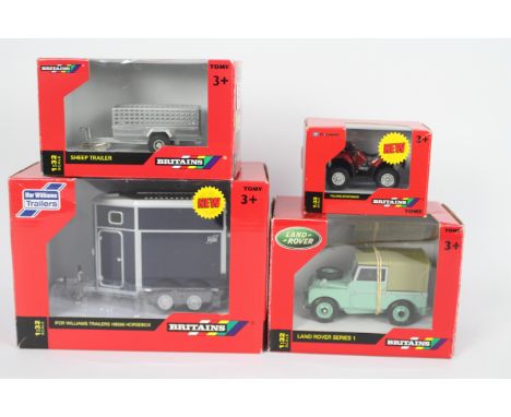 Britains - 4 x boxed models in 1:32 scale, a Land Rover Series 1 # 42848, an Ifor Williams HB 506 Horsebox, a Sheep Trailer #