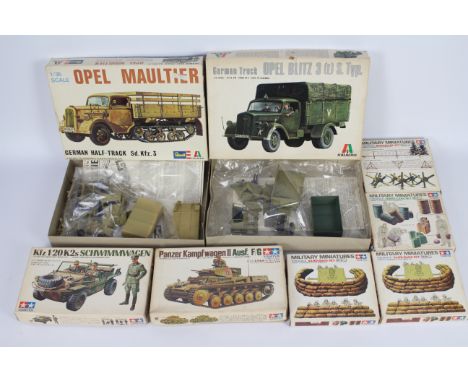 Tamiya - Revell - Italeri - 8 x boxed military model kits in 1:35 scale including Schwimmwagen # MM103, Opel Maultier # H2116