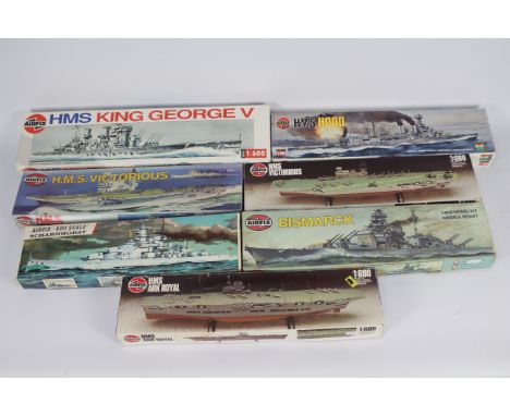 Airfix - 7 x boxed model ship kits in 1:600 scale including HMS Victorious # 904201, Bismark # 042042, HMS Hood # 04202 and o