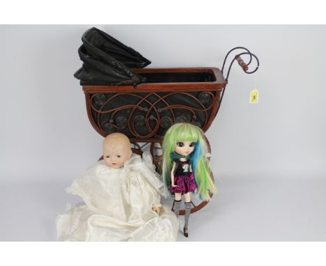 Armand Marseilles - Pullip - 2 x dolls and a pram, a Baby Gloria doll by Armand Marseilles with bisque head and hands, open m