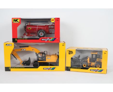 Britains - 3 x boxed models in 1:32 scale, a JCB 416S Farm Master # 42511, a JCB JS530 Tracked Excavator and an NC Slurry Fer