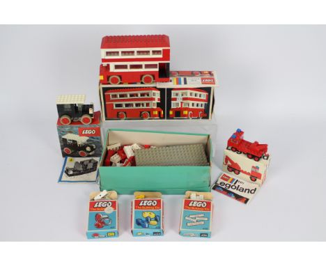 Lego - 6 x vintage 1970s Lego sets including London Bus # 313, Vintage Car # 315, Breakdown Truck # 601, and three accessory 