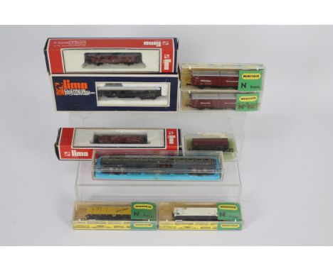 Lima, Minitrix - A boxed rake of 9 N gauge passenger and freight rolling stock. Lot includes Atlas #2680 FS 1st Class Coach; 