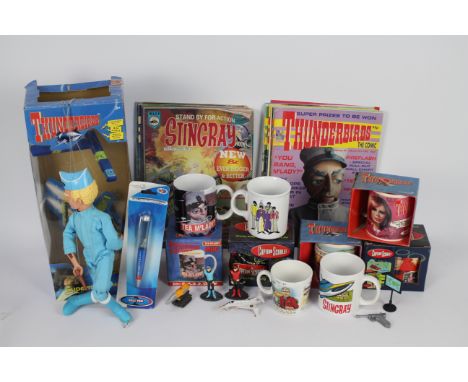 Pelham - Carlton - A collection of Thunderbirds and Captains Scarlet items including mugs, comics, small toys and a Pelham pu