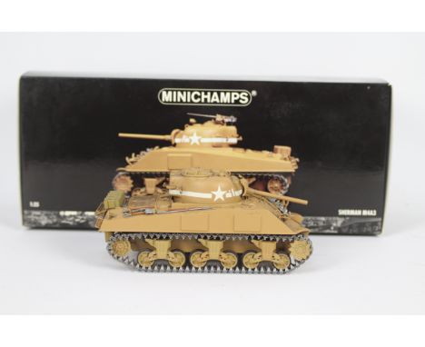 Minichamps - A boxed Minichamps 1:35 scale #350040001 Sherman M4A3 tank. The model in desert sand colours appears to be in Ex