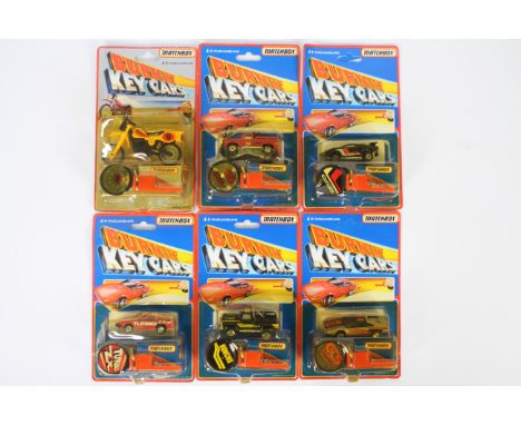 Matchbox / Kidco - Six vintage 1983 carded Matchbox plastic vehicles in blister packs from the Matchbox 'Burning Key Car' ser