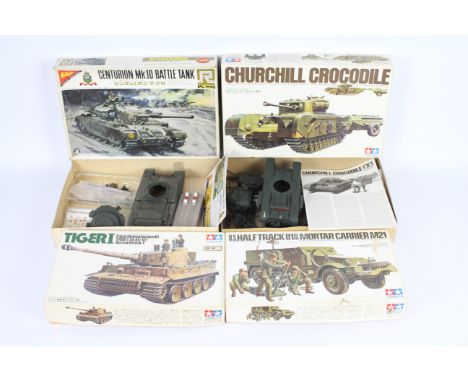 Tamiya - Nichimo - 4 x boxed military model kits in 1:35 scale including Tiger I tank # MM156-800, Churchill Crocodile # MM20