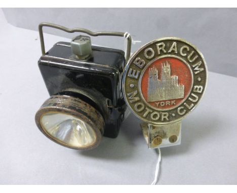 Vintage car badge E Boracum Motor Club York plus a lamp