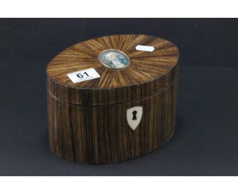 Tea caddy with tin lining and painted miniature portrait to the lid
