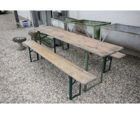 Vintage Industrial / Festival Trestle Table and Two Bench Set with Pine Tops and Folding Metal Legs, German made