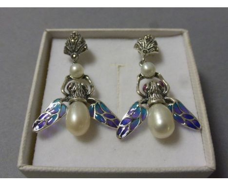 A pair of silver, marcasite and freshwater pearl plique a jour earrings